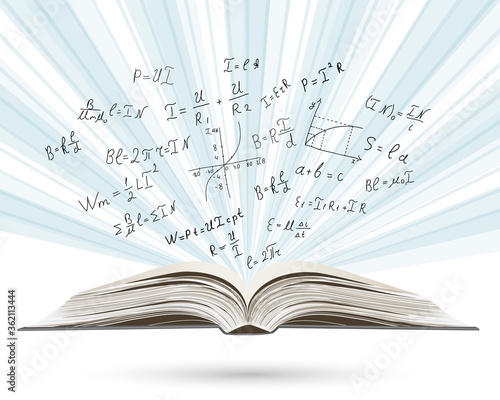 Mathematical equations and formulas on open book. Education.