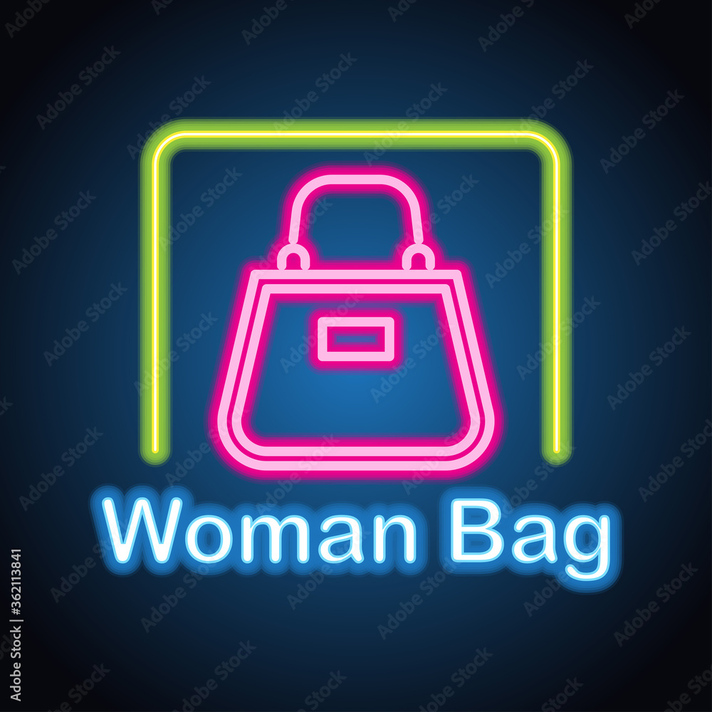 woman hand bag shop neon sign for woman bag shop and store plank banner. vector illustration woman hand bag shop neon sign for woman bag shop and store plank banner. vector illustration