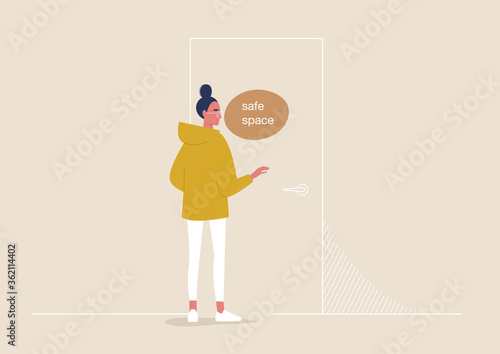Safe space, young female character knocking on door, mental health support, psychotherapy