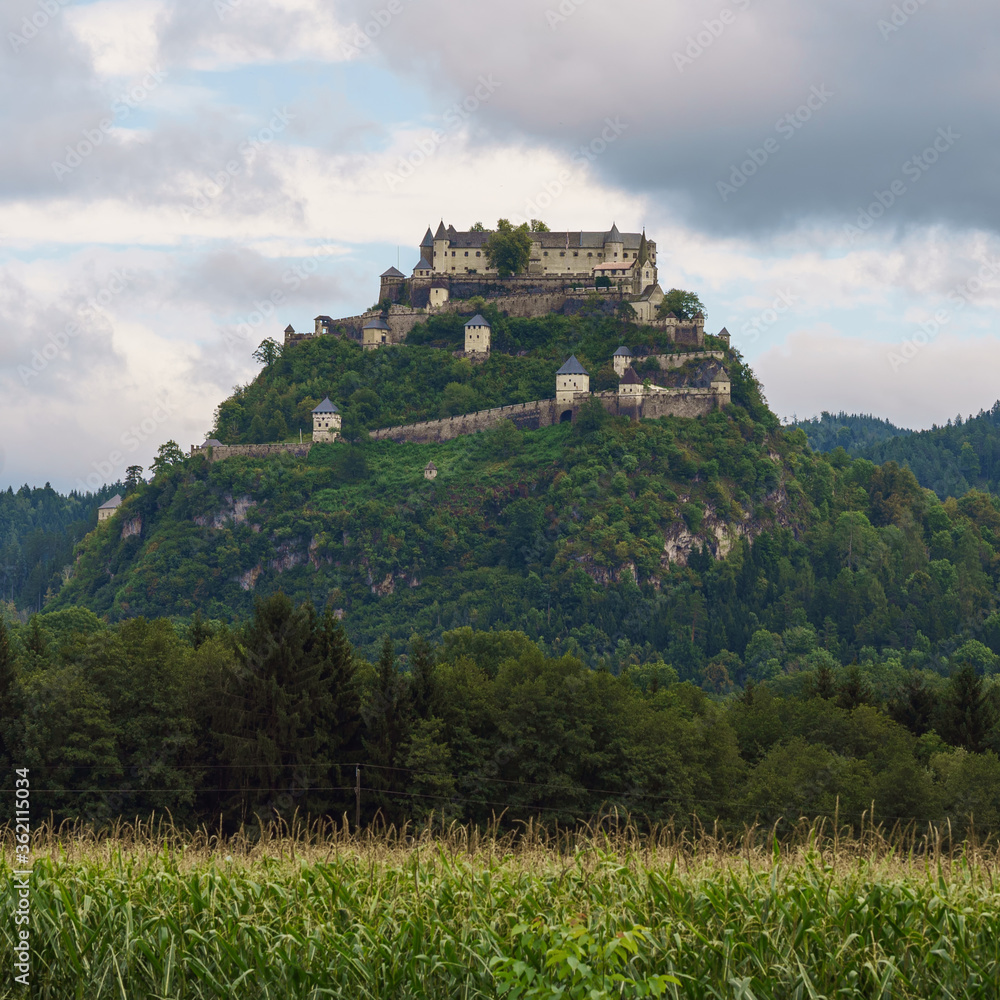 View to the medieval Castle Hochosterwitz in Carinthia, Austria. The castle belongs to the landmarks of Carinthia and located on top of a hill near Sankt Georgen am Langsee.
