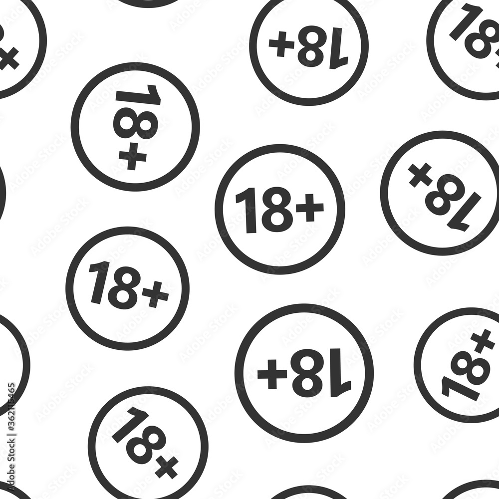 18 plus icon in flat style. Adult only vector illustration on white isolated background. Forbidden child seamless pattern business concept. 18 plus icon in flat style. Adult only vector illustration on white isolated background. Forbidden child seamless pattern business concept.