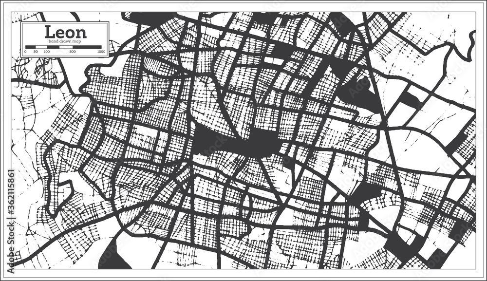 Naklejka premium Leon Mexico City Map in Black and White Color in Retro Style. Outline Map.