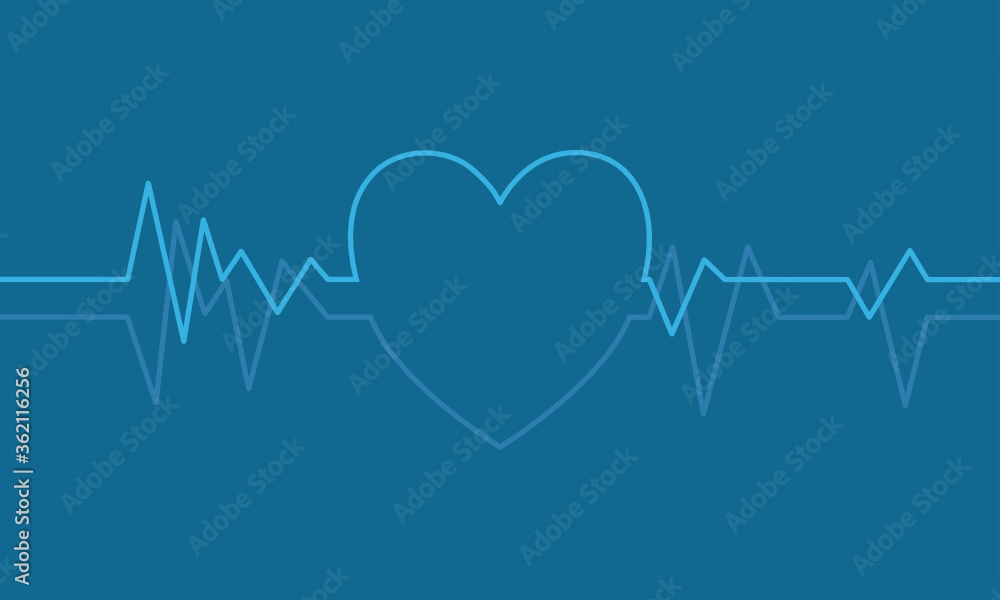 Vector of double heart rate lines in shape on blue for heart in science and health care concept