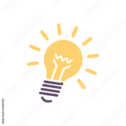 Electric lamp icon. Incandescent lightbulb glowing with bright yellow light on white background. Symbol of innovative idea, discovery or solution. Vector flat style illustration.