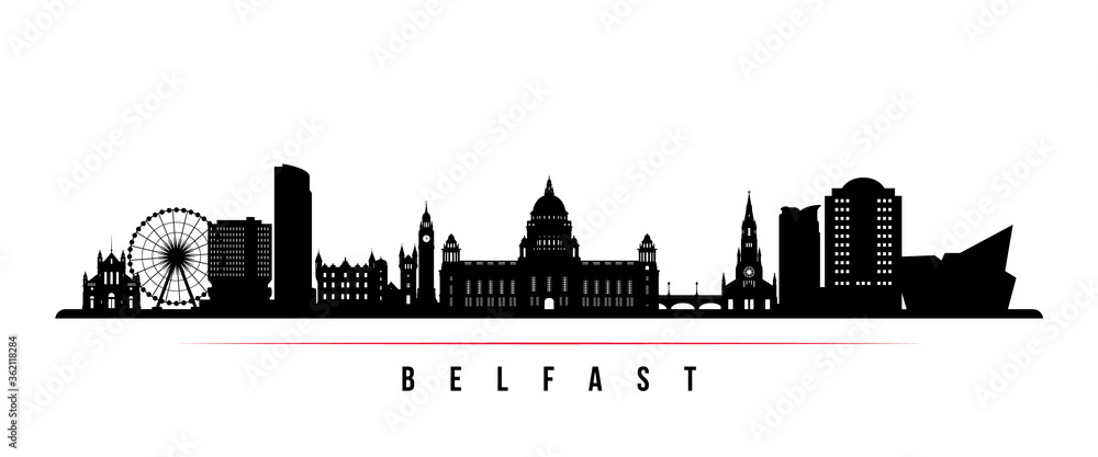 Belfast skyline horizontal banner. Black and white silhouette of Belfast, Northern Ireland. Vector template for your design. - obrazy, fototapety, plakaty 
