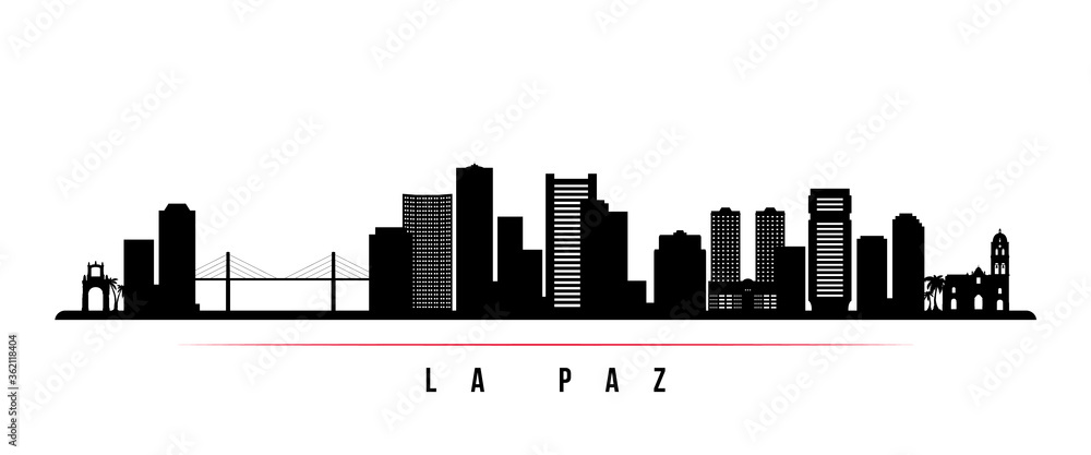 La Paz skyline horizontal banner. Black and white silhouette of La Paz, Bolivia. Vector template for your design.