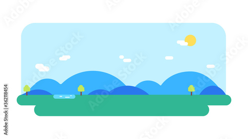 Nature landscape with river, hills ,sun and sky background.Vector illustration.Flat nature scene background.