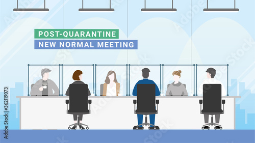 New Normal lifestyle. Social distancing. Office people in the meeting room separated by a partition.