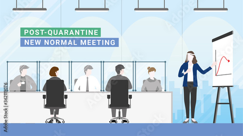 New Normal lifestyle. Social distancing. Office people in the meeting room separated by a partition.