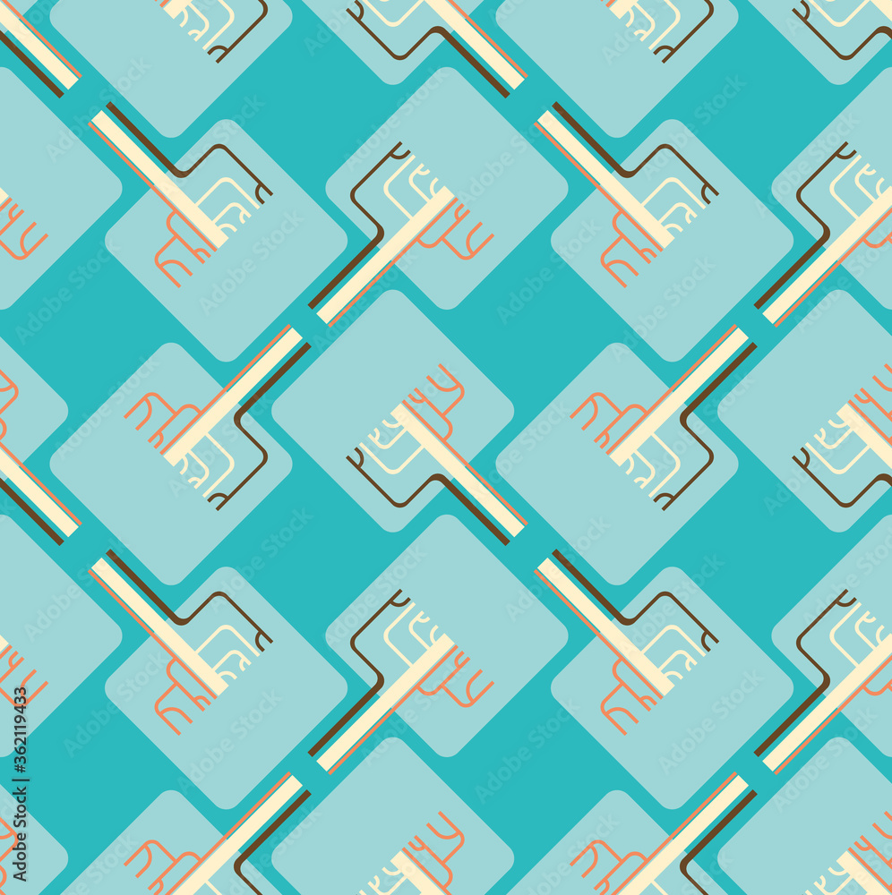 Obraz premium Seamless vector pattern with blue trees with a square crown. Winter. Ecology. Sketch textile, background, wrapping paper design, packaging. Eps 8.