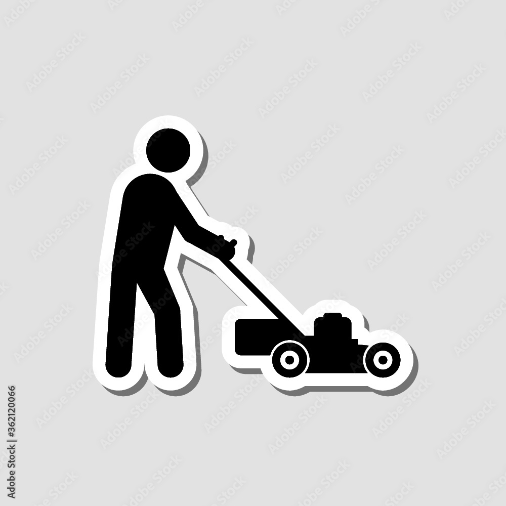 Lawn Mower, Gardening Grass Cutter sticker isolated on gray background Lawn Mower, Gardening Grass Cutter sticker isolated on gray background