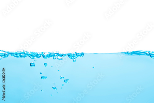 Bubbles float from the middle of the water rising to the water surface. Blue background