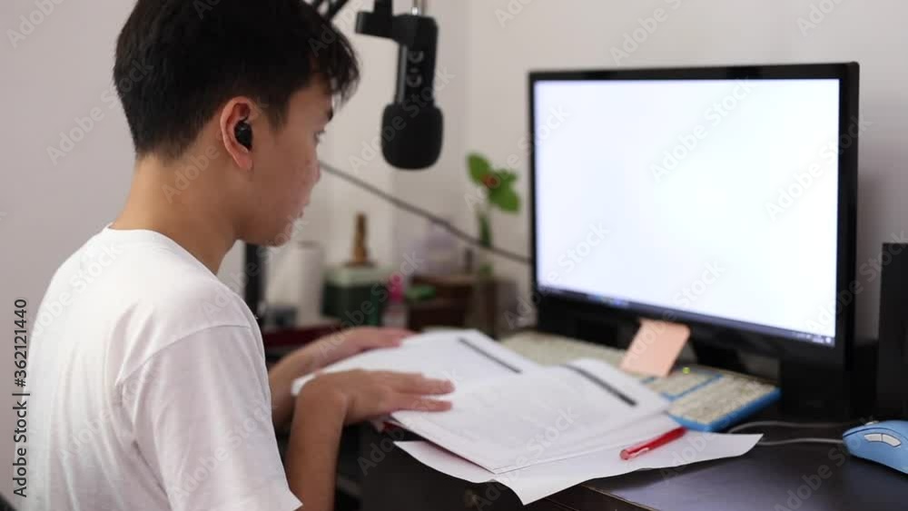 Asian boy study from home with Pc during covid-19 quarantine. Asian boy study from home with Pc during covid-19 quarantine.