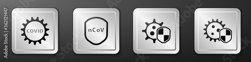 Set Corona virus covid-19, Shield protecting from virus, Shield protecting from virus and Shield protecting from virus icon. Silver square button. Vector.