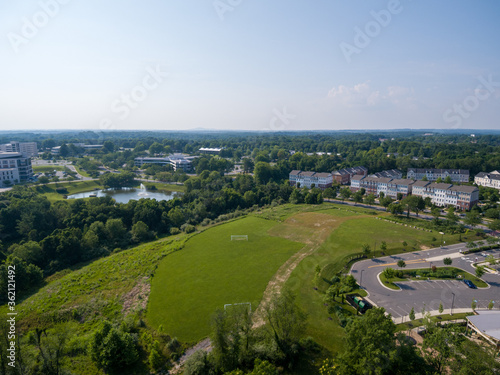 Aerial view of a park in Gaithersburg, Montgomery County, Maryland on July 3, 2020. The park is empty amid continued Covid-19 pandemic restrictions.