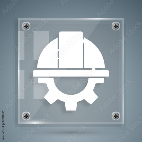 White Worker safety helmet and gear icon isolated on grey background. Square glass panels. Vector Illustration.