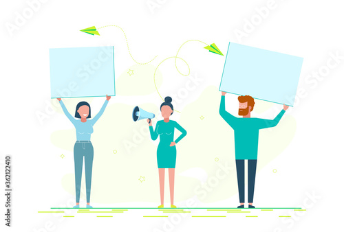 Parades or rallies. Young woman with a microphone in her hand. An activist takes part in a parade or rally. Vector flat cartoon illustration