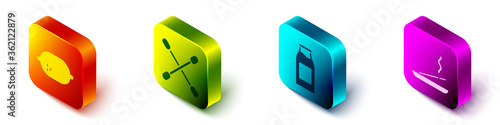 Set Isometric Lemon, Cotton swab for ears, Bottle with milk and Scented spa stick icon. Vector.