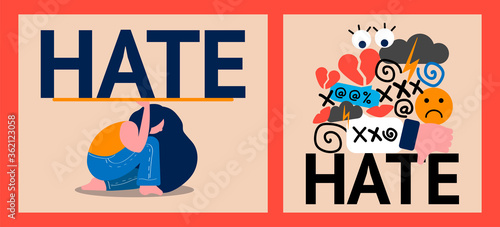set of two illustrations of hate and cyberbullying. online pressure. sexual remarks, or pejorative labels. profanity and sexual harassment. woman is trying to resist the onslaught of hatred
