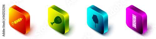Set Isometric Grilled shish kebab, Chicken leg, Cotton candy and Chocolate bar icon. Vector.