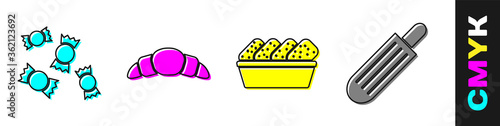 Set Candy, Croissant, Chicken nuggets in box and French hot dog icon. Vector.