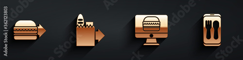 Set Online ordering burger delivery, Online ordering and delivery, Online ordering and delivery and Online ordering and delivery icon with long shadow. Vector.