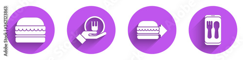 Set Burger, Online ordering and delivery, Online ordering burger delivery and Online ordering and delivery icon with long shadow. Vector.