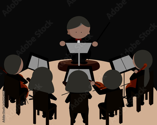 Music conductor in tuxedo suit and symphonic orchestra icon vector illustration.