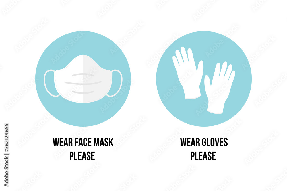 Obraz premium Vector stickers, icons with asking to wear face masks and gloves in public places. Airborne diseases prevention. 