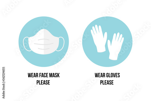Vector stickers, icons with asking to wear face masks and gloves in public places. Airborne diseases prevention.
