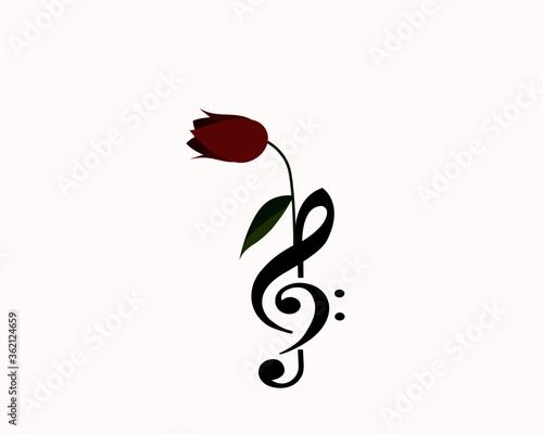 g clef and f clef music note black logo with rose flower design isolated on white. icon vector illustration.