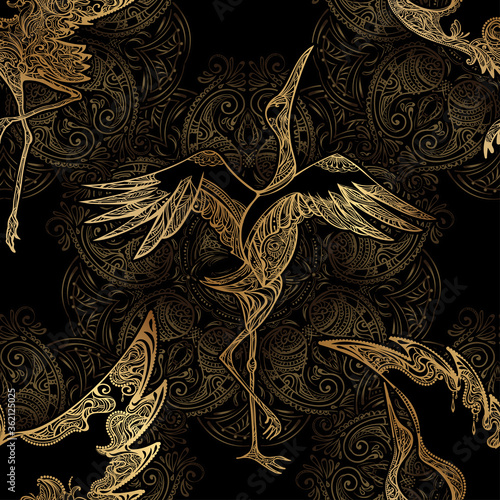 Seamless pattern. Decorative background consisting of Indian mandalas, Paisley and dancing crane. Arabic, Indian, Japanese motifs. Perfect for printing on fabric or paper