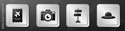 Set Airline ticket, Photo camera, Road traffic sign and Elegant women hat icon. Silver square button. Vector.