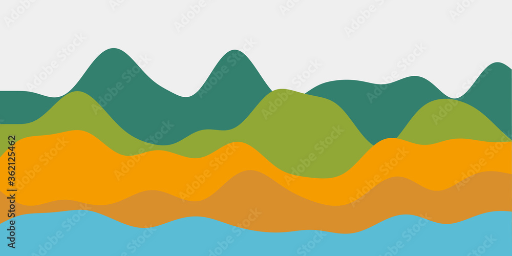 Abstract contrast blue orange green hills background. Colorful waves astonishing vector illustration.