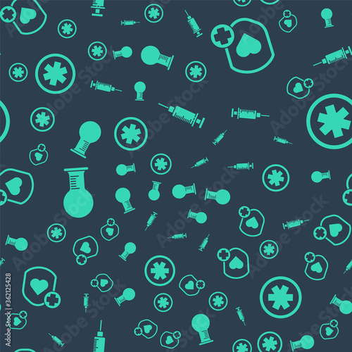 Set Syringe, Shield and heart rate, Test tube and flask and Medical symbol of the Emergency on seamless pattern. Vector.