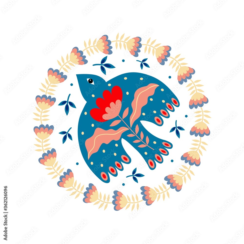Obraz premium Round composition of flowers and birds in folk art for the design of postcards.