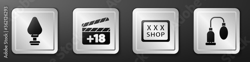 Set Anal plug, Movie clapper with 18 plus content, Sex shop and Penis pump icon. Silver square button. Vector.