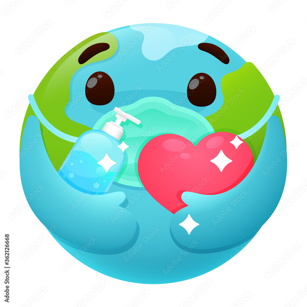 New normal. Cartoon globe wearing a mask and wash your hands with alcohol to prevent corona virus. New normal. Cartoon globe wearing a mask and wash your hands with alcohol to prevent corona virus.
