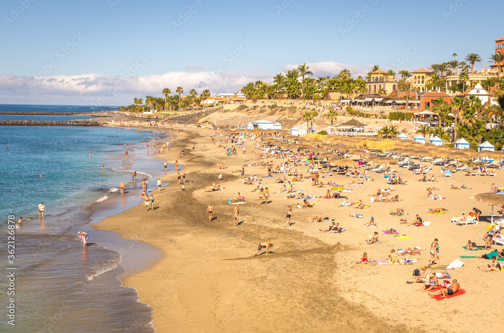 January 2015, people on the beach at Casas de Duque, Adeje. Tenerife. Spain
