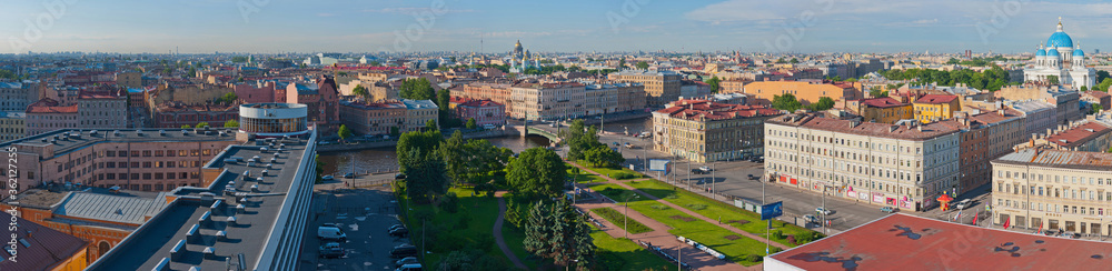 Panoramic view of St. Petersburg, the Fontanka river and Trinity Cathedral.