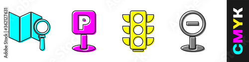 Set Search location, Parking, Traffic light and Stop sign icon. Vector.