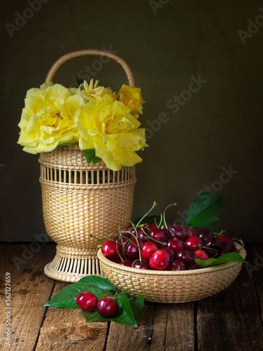 basket with flowers fruit food 
