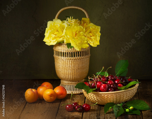 basket with flowers fruit food 