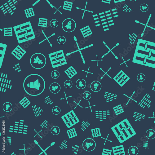 Set Drum sticks, Music equalizer, Speaker volume and Sound mixer controller on seamless pattern. Vector.