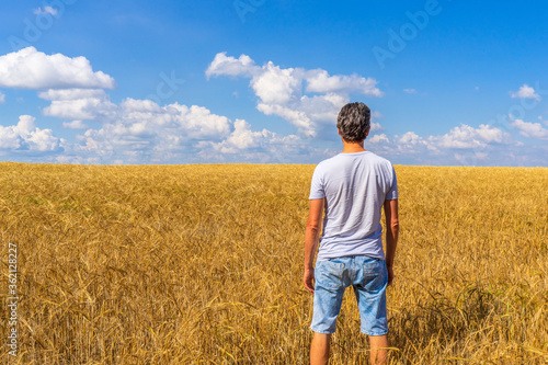 Adult tourist man admiring picturesque rural landscape of golden ripe rye field and blue sky in summer sunny day. Travelling to clean places of Earth or beauty of nature discovering concept © Tatyana_Andreyeva