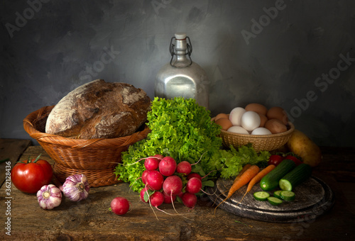 still life with vegetables and bread