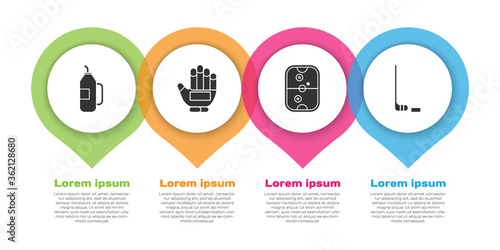 Set Fitness shaker, Hockey glove, Air hockey table and Ice hockey stick and puck. Business infographic template. Vector.