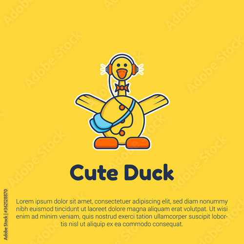 Vector illustration of cute duck with earphone logo, icon, sticker design template.
