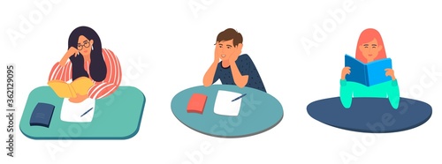 A set of young cartoon students, girls and boys sitting at a table reading books. Exam preparation, Vector illustration in flat style