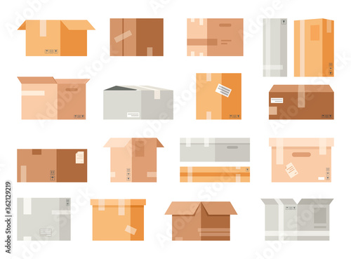 Vector set of cardboard packaging boxes in flat cartoon style. Delivery box package. Different packaging open and closed box with fragile signs for food, gift, medicine isolated on white background